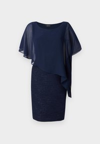 Námořnické šaty s průhlednými, splývavými rukávy a texturovanou sukní s vlnitým vzorem a jemným leskem. Elegantní a přiléhavý design.