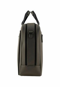 Graue, rechteckige Tasche mit glatter Textur, doppelten Reißverschlüssen, schwarzen Trägern und einem Metallakzent. Flacher Boden für Stabilität.