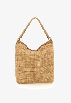 Borsa a tracolla in paglia intrecciata con esterno beige testurizzato e rifiniture in pelle marrone chiaro liscia. Presenta una parte superiore curva e un manico regolabile.