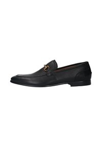 Black leather loafers with a textured finish, featuring a gold-tone buckle accent on the vamp and a low-profile rubber sole.