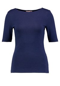 Navyblå t-shirt med kort ärm, rund halsringning och en figurnära passform, tillverkad av mjukt, elastiskt tyg. Minimalistisk design utan mönster.