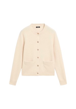Helle beigefarbene Strickjacke mit rundem Ausschnitt, sieben Knöpfen, zwei vorderen Taschen, gerippten Bündchen und Saum, aus weichem Material gefertigt.