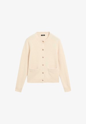 Helle beigefarbene Strickjacke mit rundem Ausschnitt, sieben Knöpfen, zwei vorderen Taschen, gerippten Bündchen und Saum, aus weichem Material gefertigt.
