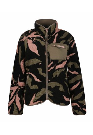 Giacca in pile nera con motivo camouflage in rosa e oliva, dotata di zip frontale, colletto alto e tasca sul petto in tessuto a contrasto.