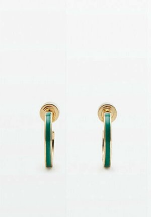 Pair of small gold hoop earrings with a narrow green enamel inlay, displayed against a plain white background.