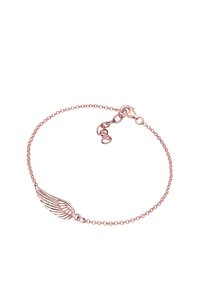 Zartes Armband aus roségoldener Kette mit kleinem flügelförmigem Anhänger und verstellbarem Karabinerverschluss auf weißem Hintergrund.