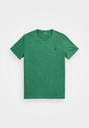 T-shirt vert à manches courtes et col rond avec petit logo Polo Ralph Lauren brodé en bleu foncé sur le côté gauche de la poitrine.