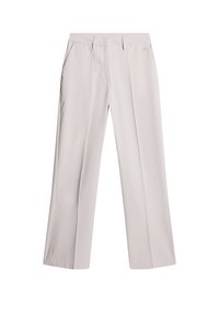 Pantaloni dritti color beige chiaro con piega frontale, passanti per cintura, tasche laterali e chiusura a gancetto.