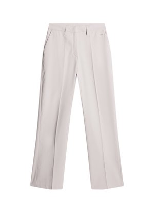 Hellbeige gerade geschnittene Hose mit vorderem Bügelfalte, Gürtelschlaufen, Seitentaschen und einem Haken- und Riegelverschluss.