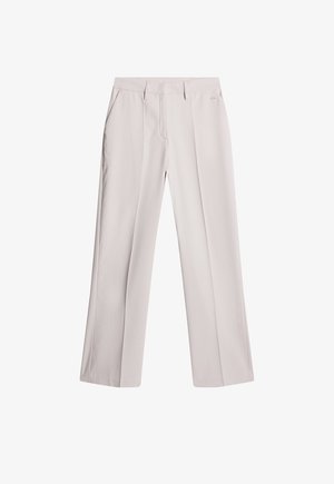 Pantaloni dritti color beige chiaro con piega frontale, passanti per cintura, tasche laterali e chiusura a gancetto.