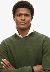 Grüner Pullover aus Strick mit strukturiertem Muster und weißem umgeschlagenem Kragen. Dunkelblaue Akzente an den Bündchen. Einfarbiger Hintergrund.