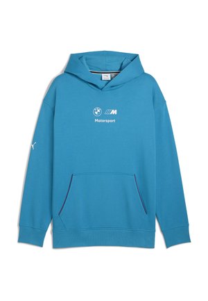 Tengerzöld kapucnis pulóver, puha anyagból készült, elöl zsebbel és nyomtatott BMW és Motorsport logókkal. Nagy kapucnival rendelkezik.