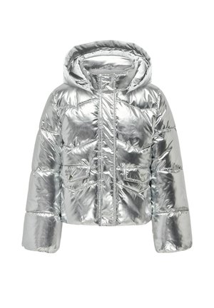 Chaqueta acolchada plateada brillante con capucha, cremallera completa frontal y dos bolsillos delanteros con solapa y botones automáticos.
