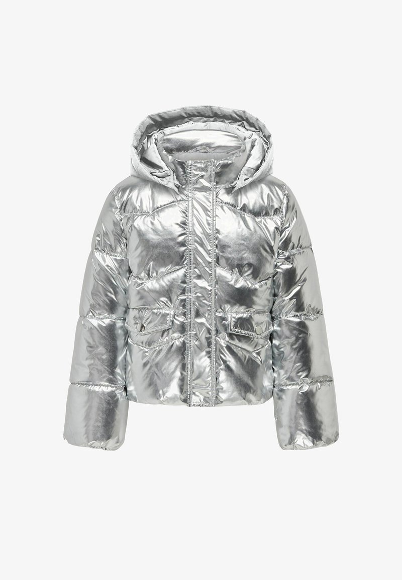 Chaqueta acolchada plateada brillante con capucha, cremallera completa frontal y dos bolsillos delanteros con solapa y botones automáticos.