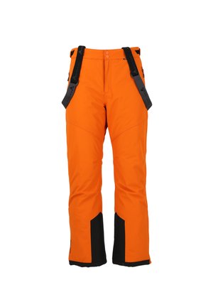Oranje skibroek met zwarte accenten, voorzien van verstelbare banden, ritszakken, een rechte pasvorm en waterdicht materiaal voor buitengebruik.