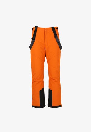 Orangen Skihosen mit schwarzen Akzenten, ausgestattet mit verstellbaren Trägern, Reißverschlusstaschen, geradem Schnitt und wasserdichtem Material für den Außeneinsatz.