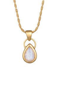 Collier en chaîne torsadée dorée avec un pendentif en pierre de lune en forme de goutte d'eau, doté d'une surface lisse et polie, ainsi que d'accents métalliques.