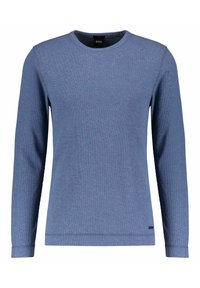 Blå långärmad t-shirt med rund halsringning, tillverkad av strukturerad tyg. Har en ribbad halsringning och en liten svart logotyp vid kanten.