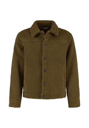 Groene fleecejack met kraag, sluiting met knopen aan de voorkant, twee borstzakken en een gestructureerd oppervlak voor warmte.
