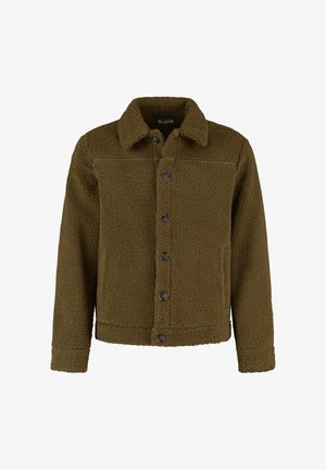 Žalias fliso džemperis su apykakle, priekiniais mygtukais, dviem krūtinės kišenėmis ir faktūrine išorine danga šilumai.