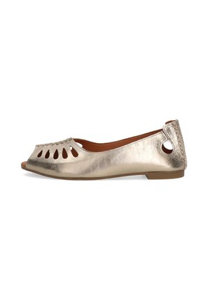 Metallic gold flat shoe with peep-toe design, cut-out accents, and braided detailing on the heel. Smooth texture with a low profile.