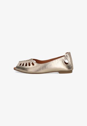 Metalické zlaté ploché boty s designem peep-toe, akcenty s výřezy a pletenými detaily na podpatku. Hladký povrch s nízkým profilem.