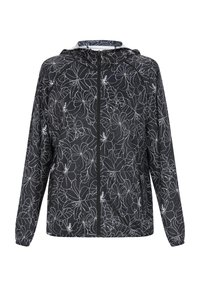 Jachetă neagră cu un model floral alb în contur, fermoar complet, glugă și manșete elastice. Materialul pare ușor și rezistent la apă.