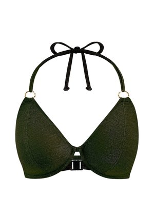 Olive green triangular bra with a textured finish, featuring black straps, gold hardware accents, and a clasp closure at the center.