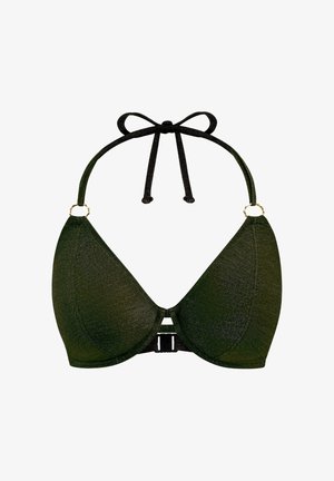 Olive green triangular bra with a textured finish, featuring black straps, gold hardware accents, and a clasp closure at the center.