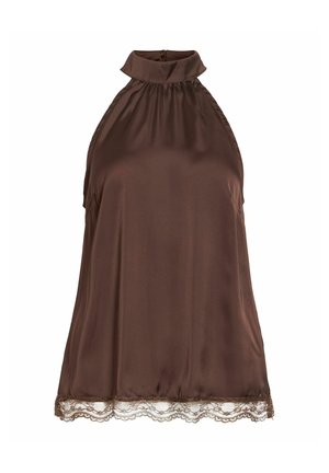 Ærmeløs mørkebrun satin halter top med høj hals og blondekant langs den nederste søm.