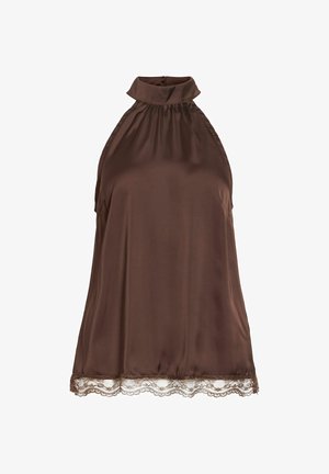 Ærmeløs mørkebrun satin halter top med høj hals og blondekant langs den nederste søm.