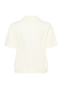 Krótki sweter z krótkim rękawem w kolorze ecru, wykonany z dzianiny. Posiada ściągaczowy kołnierz i gładką teksturę, z lekko luźnym krojem i bez widocznych wzorów.