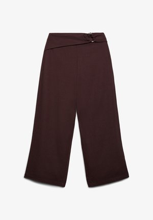 Weit geschnittene dunkelbraune Hose mit hoher Taille und dekorativem, gerafftem Gürteldetail vorne oben.