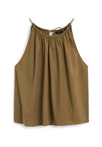 Haut marron sans manches avec une coupe décontractée, doté d'un col froncé et de liens ajustables. Fabriqué dans un tissu lisse et léger.