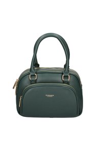 Borsa a tracolla in ecopelle verde con texture, dotata di doppie zip, hardware dorato e due manici solidi.