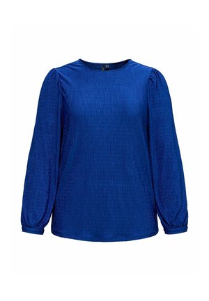 T-shirt bleu à manches longues avec un motif côtelé texturé, encolure ras du cou et poignets élastiques. Tissu léger avec une coupe décontractée.
