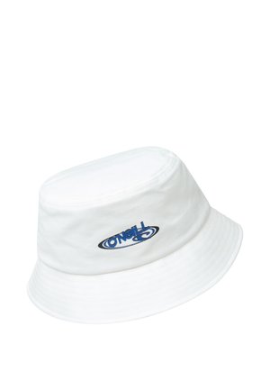 Sombrero tipo bucket de algodón blanco con corona plana, ala ancha y un logo azul de O'Neill bordado en el frente. Textura suave, diseño sencillo.