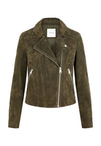 Oliwkowa zamszowa kurtka motocyklowa z wykładanym kołnierzem, asymetrycznym zapięciem na zamek oraz zamykanymi na zamek kieszeniami. Gładka struktura i dopasowany krój.