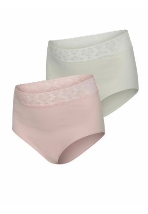 Two high-waisted women's underwear briefs, one soft pink and one off-white, both with wide floral lace waistbands.