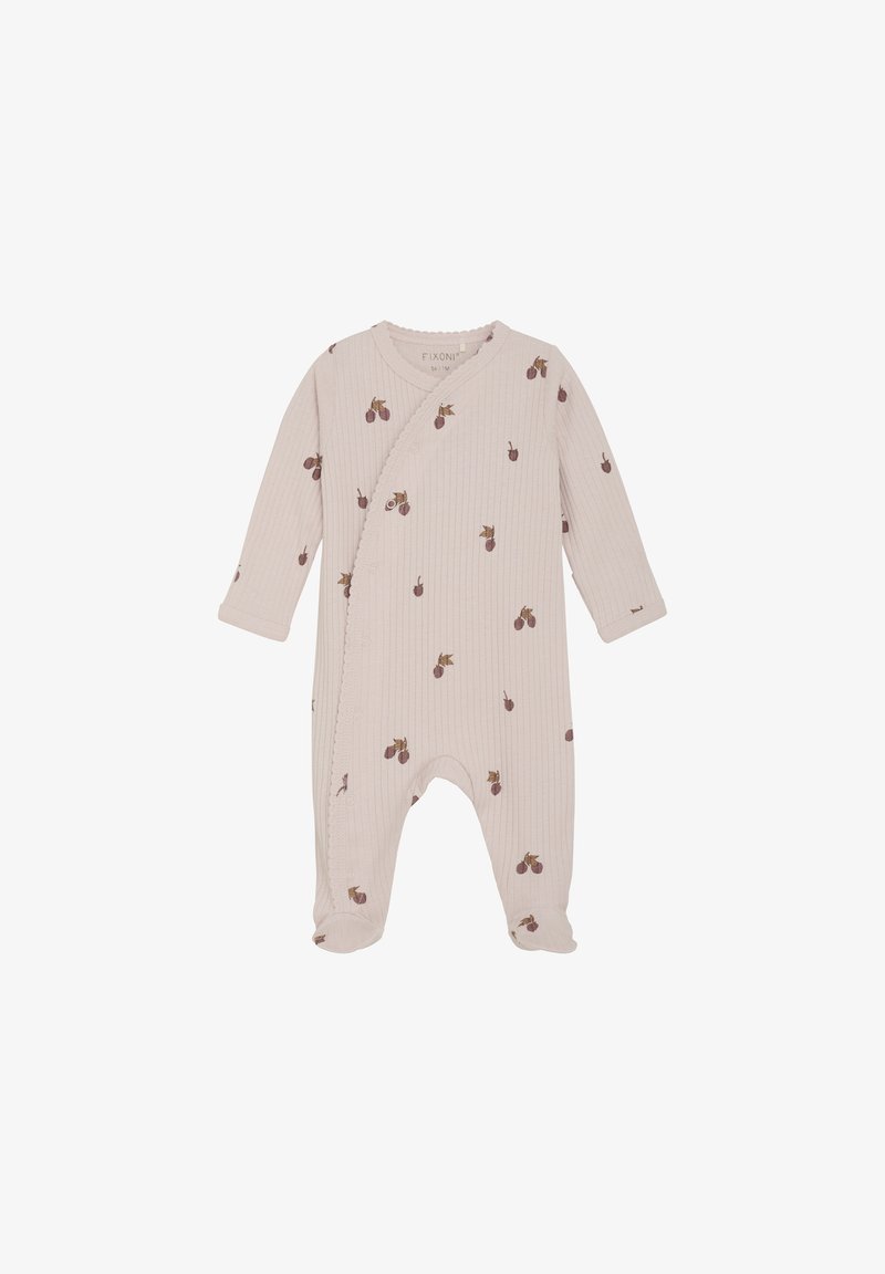 Lichtbeige baby-onesie van ribstof, voorzien van kleine bruine fruitpatronen, een wikkelontwerp aan de voorkant en voetjes met zachte boorden.