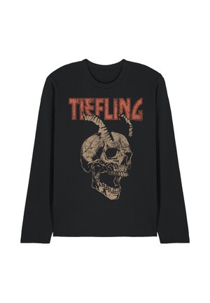 Black long-sleeve shirt with a distressed skull featuring twisted horns and the word "TIEFLING" in large red letters above.