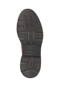 Semelle en caoutchouc noire avec un motif texturé, présentant des rainures et des crêtes pour une meilleure adhérence. Cuir marron lisse au niveau du talon.