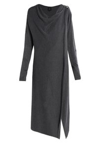 Vestido de manga larga gris oscuro con escote drapeado y dobladillo asimétrico, con detalles de botones en el hombro y en el puño. Textura suave.