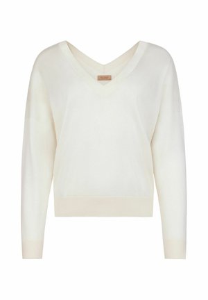 Kremowy sweter z długim rękawem i dekoltem w serek, z prążkowanymi mankietami i dołem, prezentowany na jednolitym białym tle.