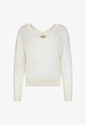 Kremowy sweter z długim rękawem i dekoltem w serek, z prążkowanymi mankietami i dołem, prezentowany na jednolitym białym tle.