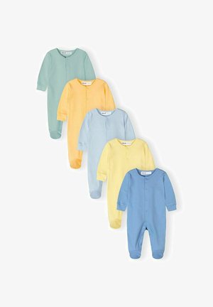Cinq bodys pour bébé à manches longues en vert, jaune, bleu clair, jaune pâle et bleu, tous avec des fermetures à pression sur le devant.