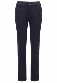 Marinblå bomulls chinos med rak passform, knappstängning, bälteshällor och sidofickor; slät textur utan synliga mönster.