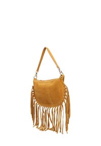 Tansuede schoudertas met lange franjes langs de onderkant en zijkanten, voorzien van een ritsluiting en een enkele schouderband met metalen clips.