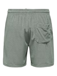 Shorts gris-vert en tissu doux avec taille élastique et une poche boutonnée sur le côté droit, vus de dos.
