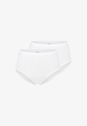 White cotton underwear with a smooth texture, high-waisted design, and subtle logo on the waistband. Two pieces shown.